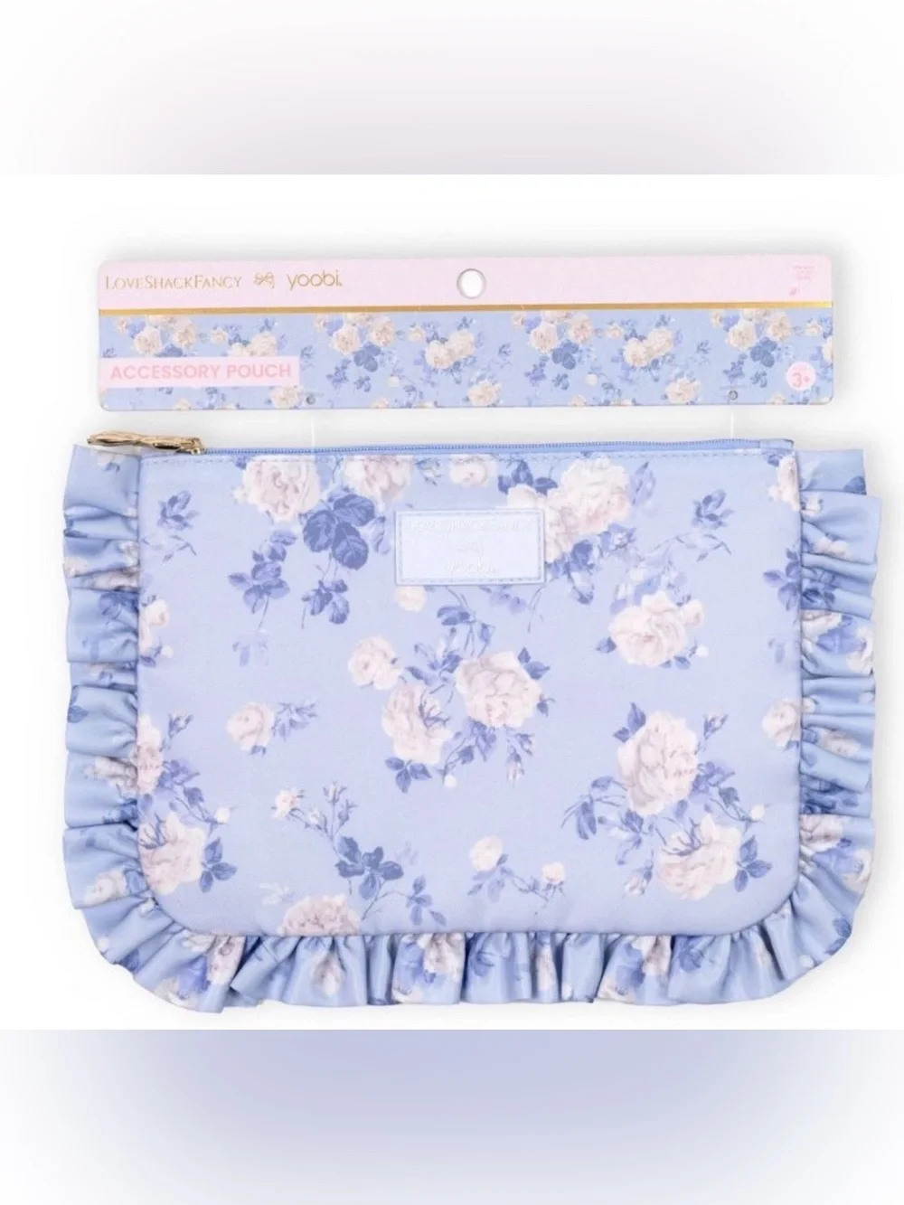 NWT LoveShackFancy x Yoobi - Light Blue Floral Ruffle Cosmetic Pouch